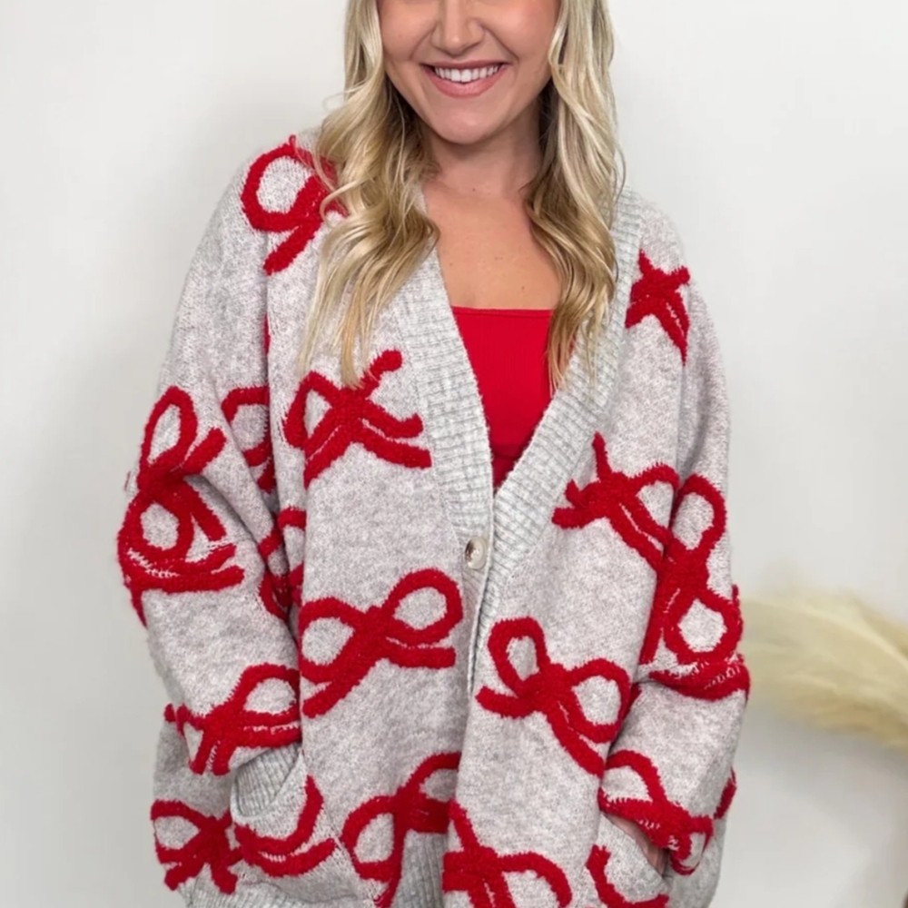 Cozy Gray and Red Women's BOW CARDIGAN